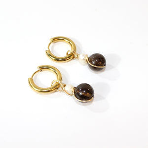 NZ-made smoky quartz crystal & pearl huggie earrings  | ASH&STONE Crystals Shop Auckland NZ