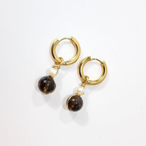 NZ-made smoky quartz crystal & pearl huggie earrings  | ASH&STONE Crystals Shop Auckland NZ