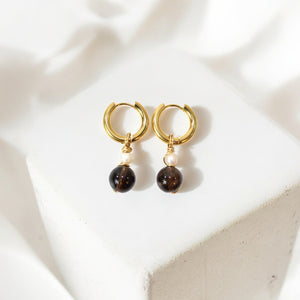 NZ-made smoky quartz crystal & pearl huggie earrings  | ASH&STONE Crystals Shop Auckland NZ