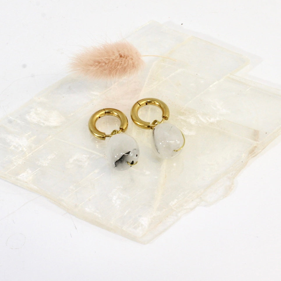 NZ-made bespoke tourmaline in quartz crystal huggy earrings | ASH&STONE Crystal Jewellery Shop Auckland NZ