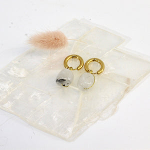 NZ-made bespoke tourmaline in quartz crystal huggy earrings | ASH&STONE Crystal Jewellery Shop Auckland NZ