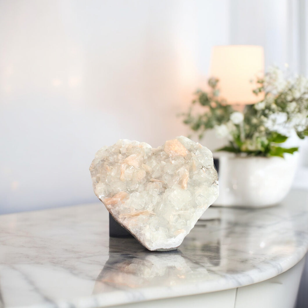 Natural heart-shaped apophyllite with stilbite crystal cluster 1.36kg  | ASH&STONE Crystals Shop Auckland NZ