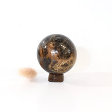 Load image into Gallery viewer, Black moonstone polished crystal sphere with flower agate stand | ASH&amp;STONE Crystals Shop Auckland NZ
