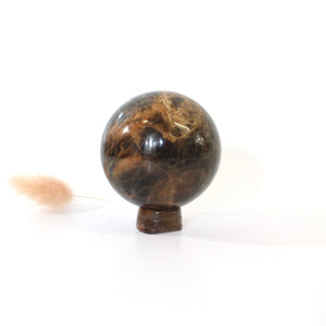 Black moonstone polished crystal sphere with flower agate stand | ASH&STONE Crystals Shop Auckland NZ
