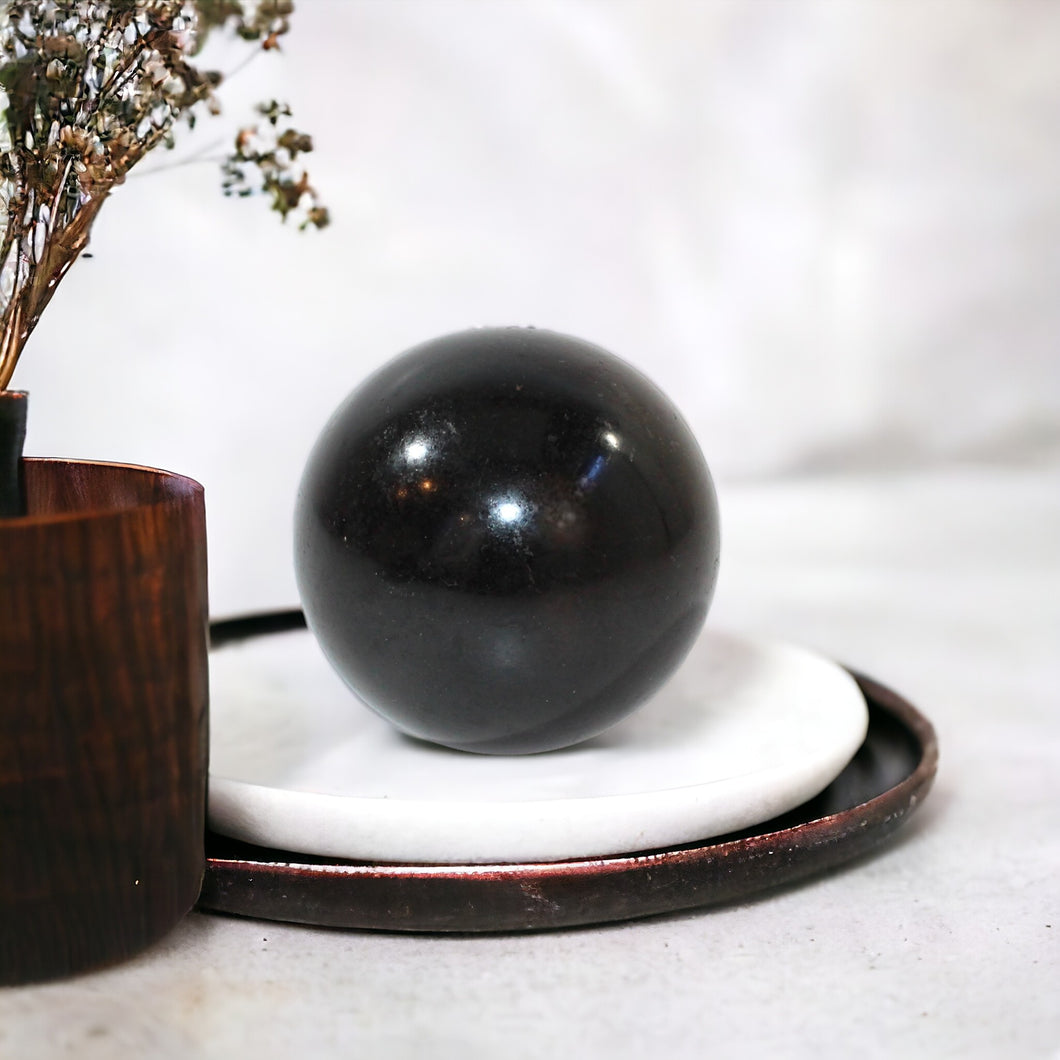 Black tourmaline polished crystal sphere | ASH&STONE Crystals Shop Auckland NZ