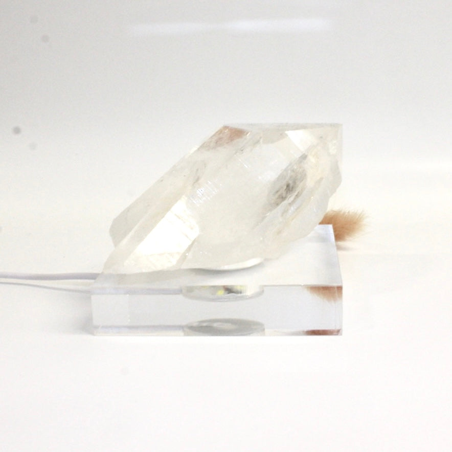Large clear quartz crystal point on perspex LED lamp base | ASH&STONE Crystals Shop Auckland NZ