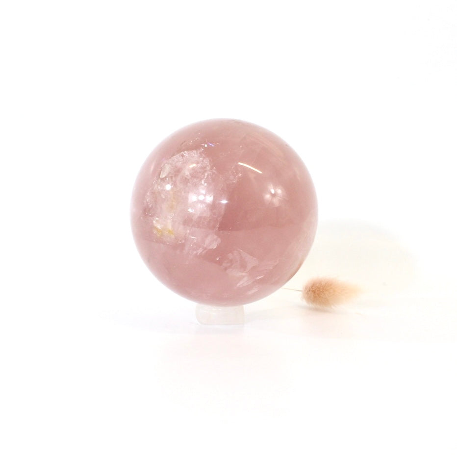 Rose quartz crystal polished sphere with clear quartz crystal stand 1.03kg | ASH&STONE Crystals Shop Auckland NZ