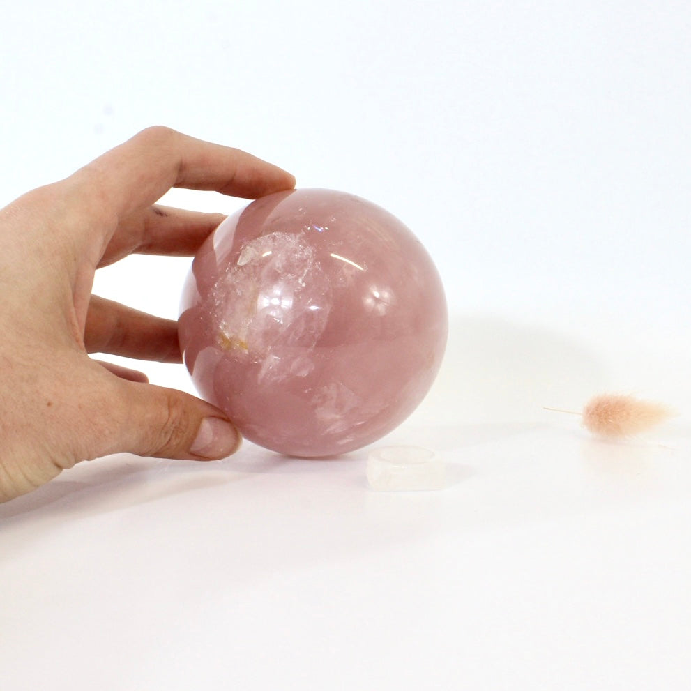 Rose quartz crystal polished sphere with clear quartz crystal stand 1.03kg | ASH&STONE Crystals Shop Auckland NZ