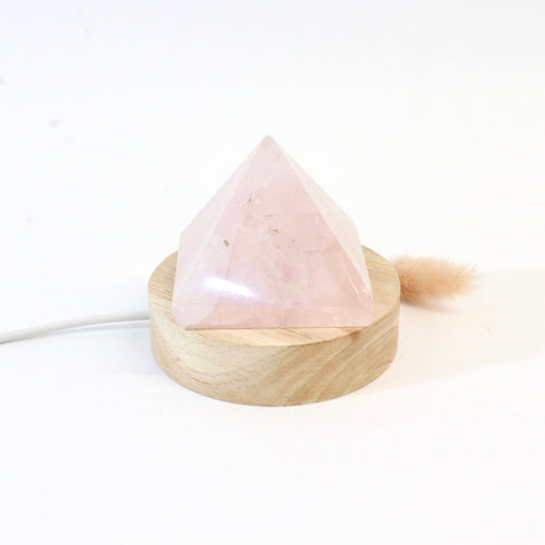 Rose quartz crystal pyramid lamp on LED wooden base | ASH&STONE Crystals Shop Auckland NZ