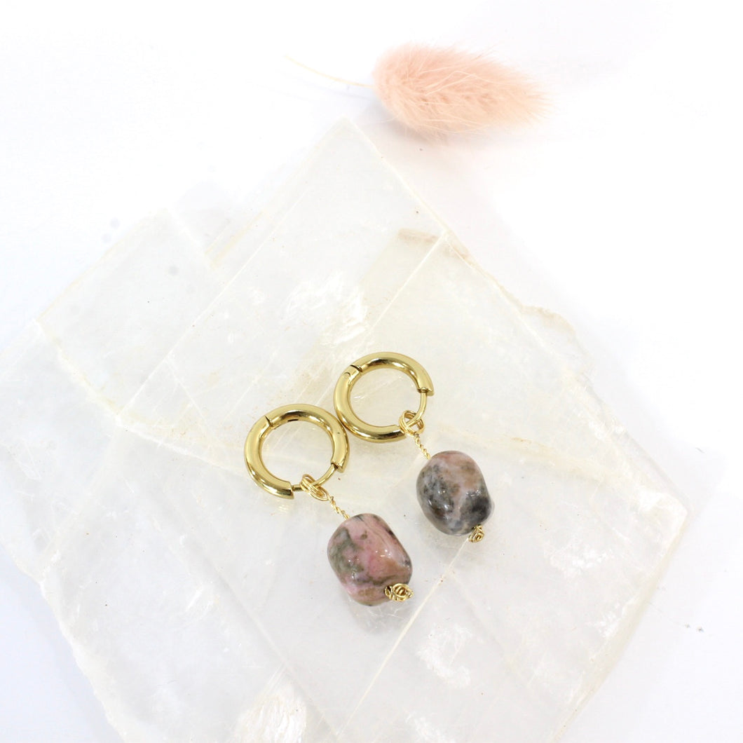 NZ-made bespoke rhodonite crystal huggy earrings | ASH&STONE Crystal Jewellery Shop Auckland NZ