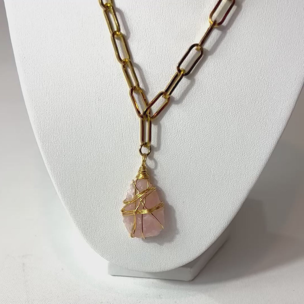 Rose quartz raw crystal Gold necklace | ASH & STONE Crystals and jewelley, free express shipping. 