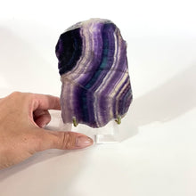 Load and play video in Gallery viewer, Fluorite crystal slab on stand | ASH&amp;STONE Crystals Shop Auckland NZ
