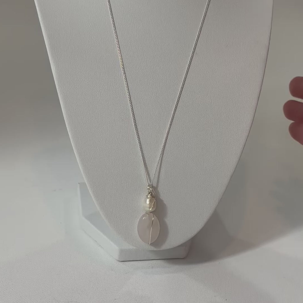 One of a kind, Rose Quartz & Freshwater Pearl crystal Silver Necklace, ASH & STONE |  FREE EXPRESS SHIPPING NZ WIDE.