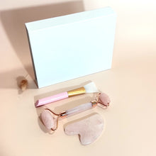 Load and play video in Gallery viewer, Rose quartz gua sha &amp; roller set with brush | 3 in 1 boxed set | ASH&amp;STONE Crystals Shop Auckland NZ
