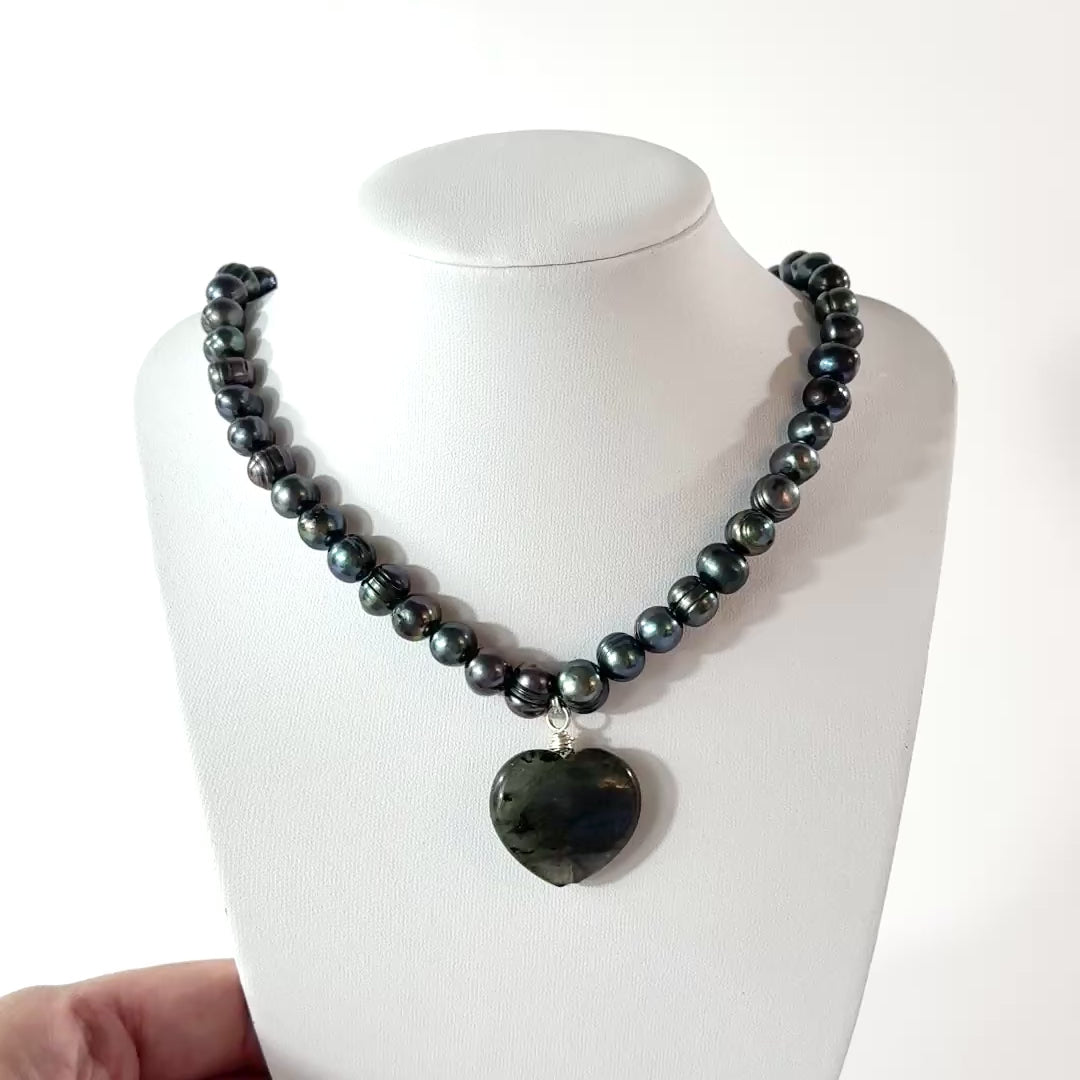Genuine Fijian pearl choker with labradorite crystal heart | ASH&STONE Crystal Jewellery Shop Auckland NZ