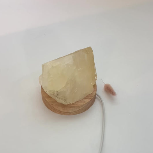 Honey calcite crystal lamp on LED wooden base | ASH&STONE Crystals Shop Auckland NZ