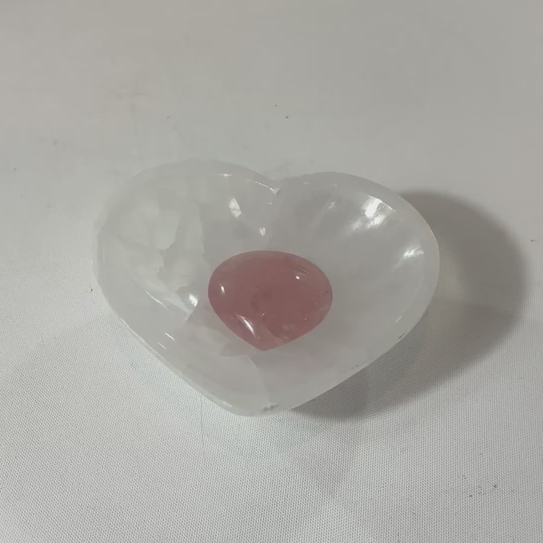  Selenite Crystal Heart Bowl matched with a Rose Quartz crystal heart mini.  Free express shipping. Shop online from ASH&STONE crystal shop Auckland NZ. AfterPay available.