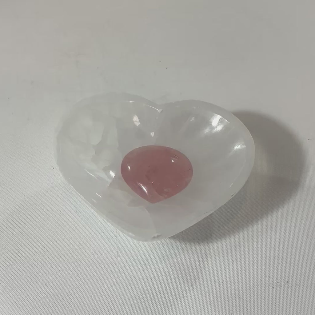  Selenite Crystal Heart Bowl matched with a Rose Quartz crystal heart mini.  Free express shipping. Shop online from ASH&STONE crystal shop Auckland NZ. AfterPay available.