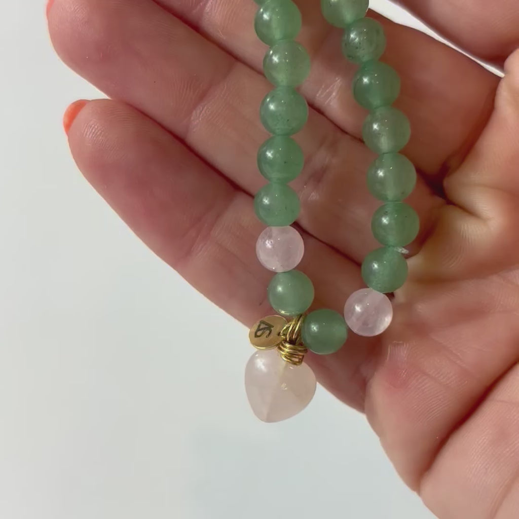 Aventurine Crystal bead w Rose Quartz Heart bracelet.  Free express shipping. NZ-made jewellery designs from ASH&STONE crystal jewellery shop Auckland NZ. AfterPay available.
