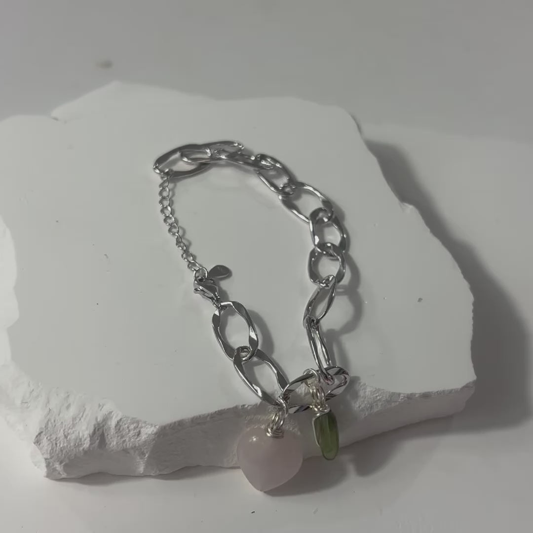 Rose Quartz & Peridot crystal sterling silver charm bracelet. Free express shipping. Shop online from ASH&STONE crystal jewellery shop Auckland NZ. 