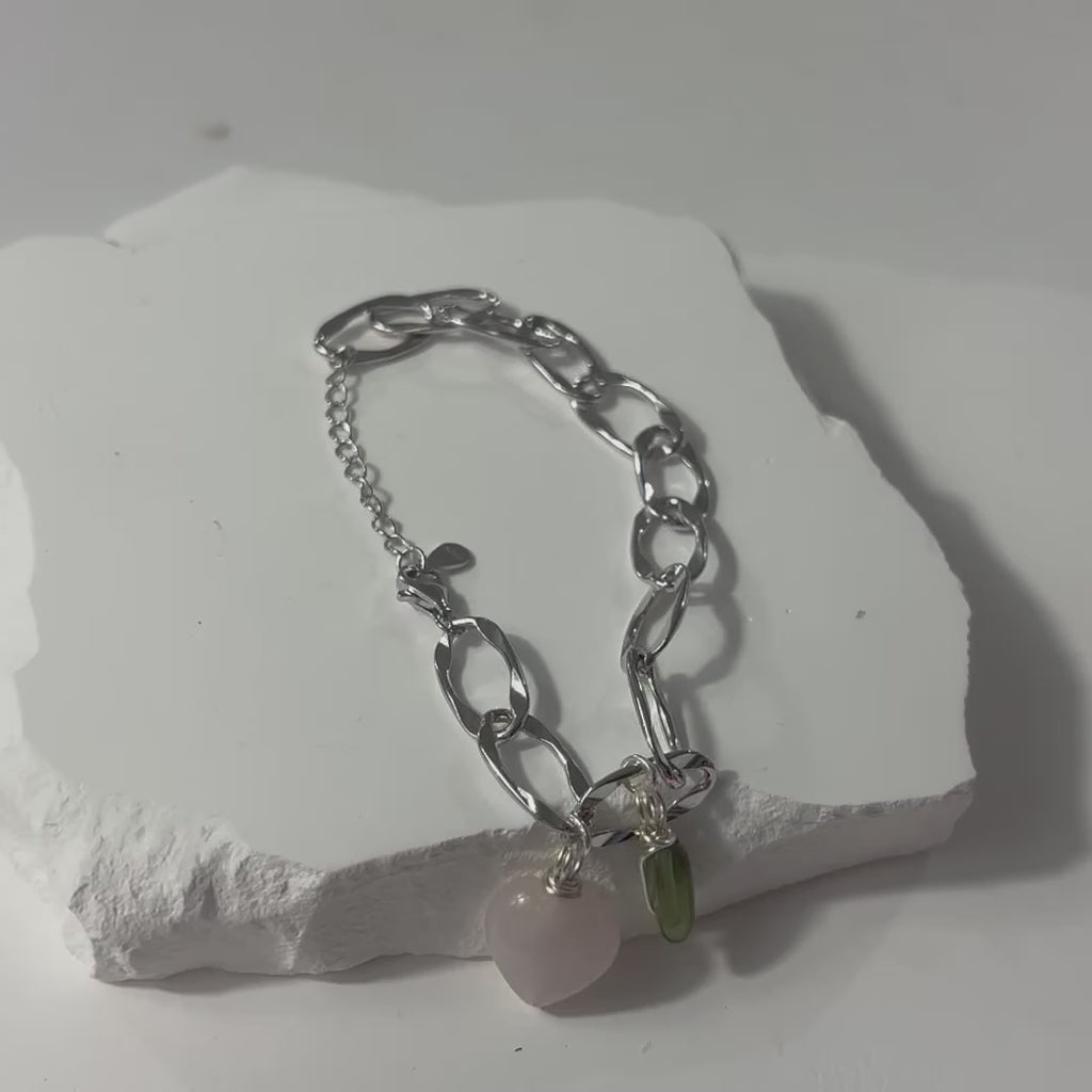 Rose Quartz & Peridot crystal sterling silver charm bracelet. Free express shipping. Shop online from ASH&STONE crystal jewellery shop Auckland NZ. 