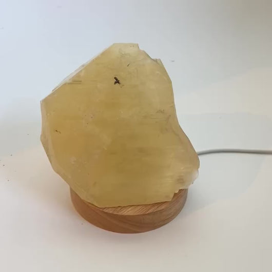 Honey calcite crystal lamp on LED wooden base 1.3kg | ASH&STONE Crystals Shop Auckland NZ