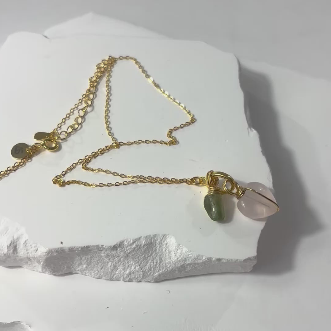 Rose Quartz Heart & Green Peridot Crystal gold Necklace | ASH & STONE Jeweller, Free eXPRESS shipping NZ wide. 