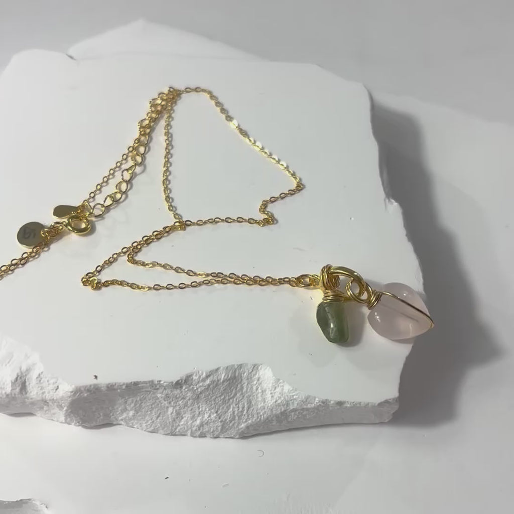 Rose Quartz Heart & Green Peridot Crystal gold Necklace | ASH & STONE Jeweller, Free eXPRESS shipping NZ wide. 