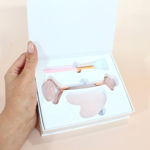Rose quartz gua sha & roller set with brush | 3 in 1 boxed set | ASH&STONE Crystals Shop Auckland NZ