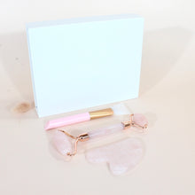 Load image into Gallery viewer, Rose quartz gua sha &amp; roller set with brush | 3 in 1 boxed set | ASH&amp;STONE Crystals Shop Auckland NZ
