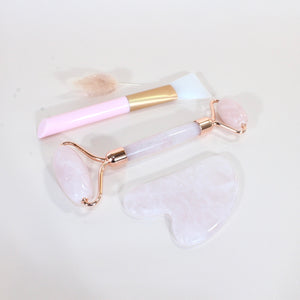 Rose quartz gua sha & roller set with brush | 3 in 1 boxed set | ASH&STONE Crystals Shop Auckland NZ