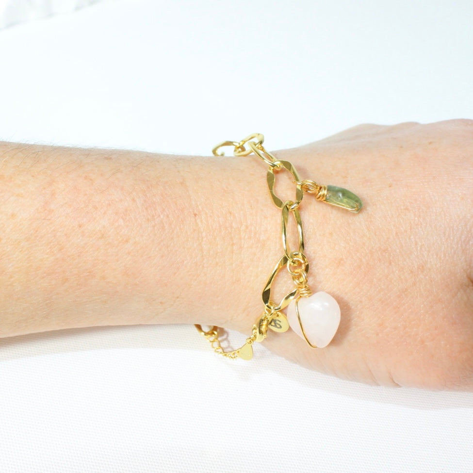 Rose Quartz & Peridot crystal 24k gold charm bracelet | ASH&STONE crystal jewellery online. Free express shipping