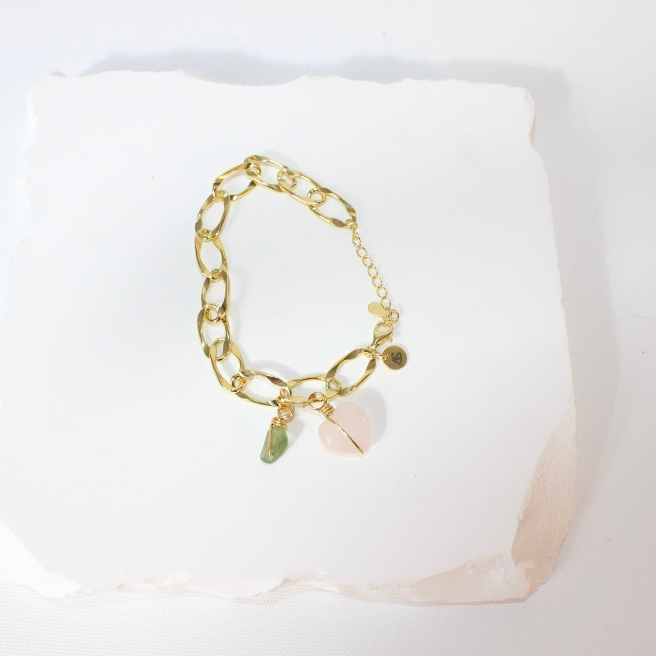 Rose Quartz & Peridot crystal 24k gold charm bracelet | ASH&STONE crystal jewellery online. Free express shipping