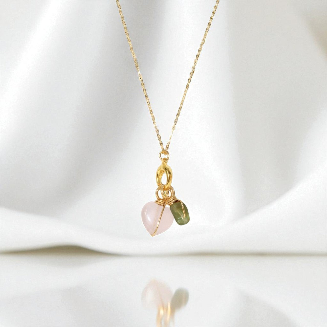 Rose Quartz Heart & Green Peridot Crystal gold Necklace | ASH & STONE Jeweller, Free eXPRESS shipping NZ wide. 