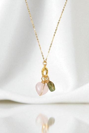 Rose Quartz Heart & Green Peridot Crystal gold Necklace | ASH & STONE Jeweller, Free eXPRESS shipping NZ wide. 