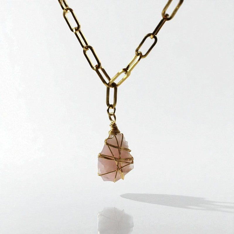 Rose quartz raw crystal Gold necklace | ASH & STONE Crystals and jewelley, free express shipping. 