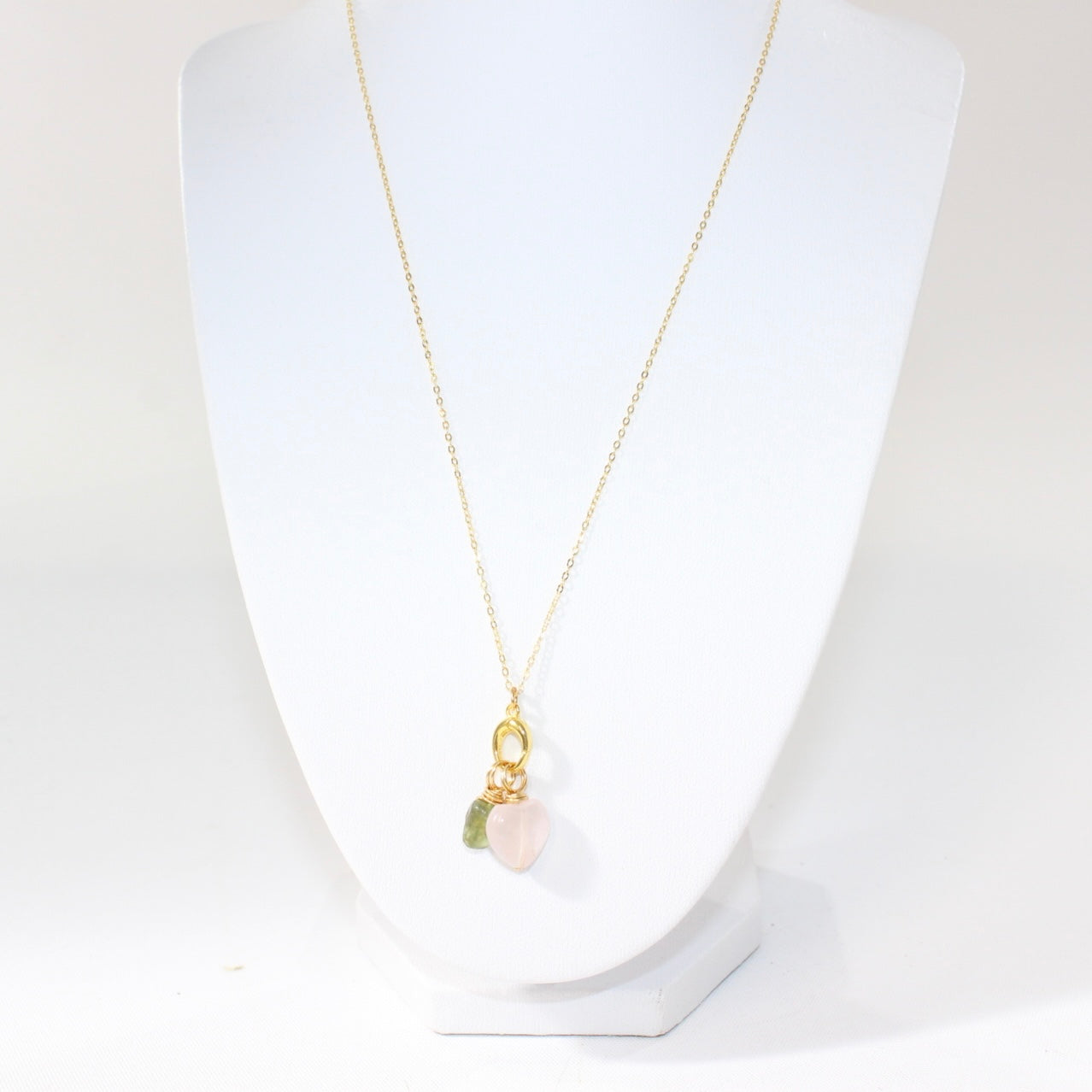 Rose Quartz Heart & Green Peridot Crystal gold Necklace | ASH & STONE Jeweller, Free eXPRESS shipping NZ wide. 