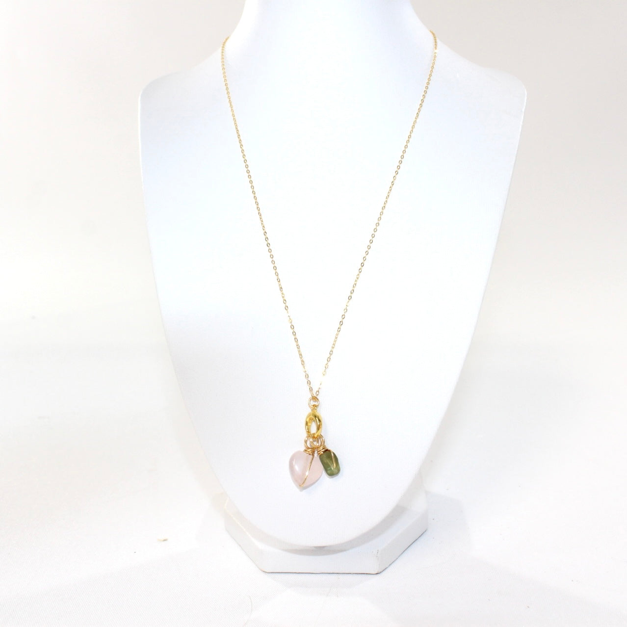 Rose Quartz Heart & Green Peridot Crystal gold Necklace | ASH & STONE Jeweller, Free eXPRESS shipping NZ wide. 