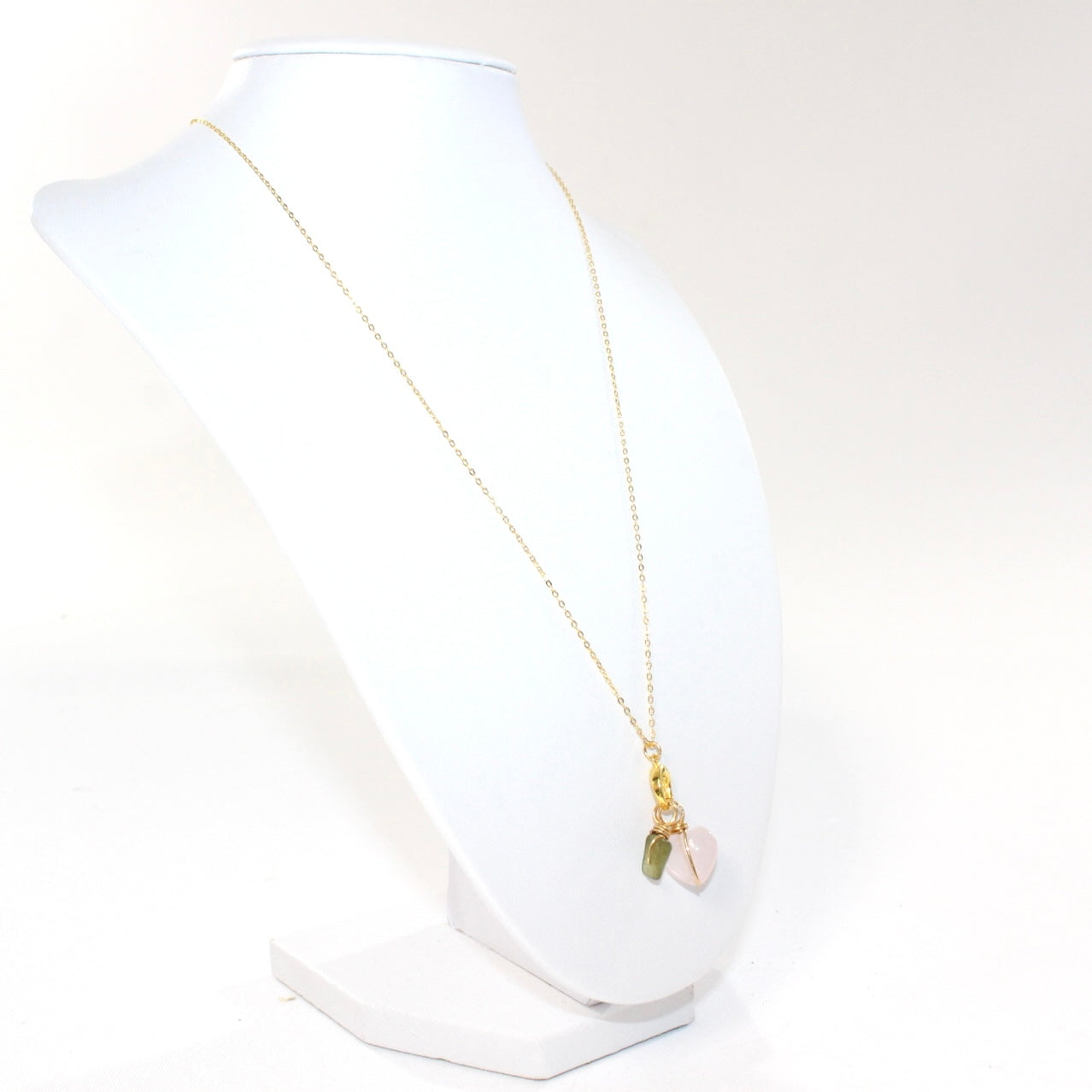 Rose Quartz Heart & Green Peridot Crystal gold Necklace | ASH & STONE Jeweller, Free eXPRESS shipping NZ wide. 