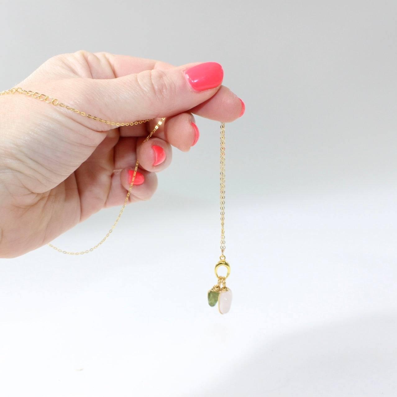 Rose Quartz Heart & Green Peridot Crystal gold Necklace | ASH & STONE Jeweller, Free eXPRESS shipping NZ wide. 