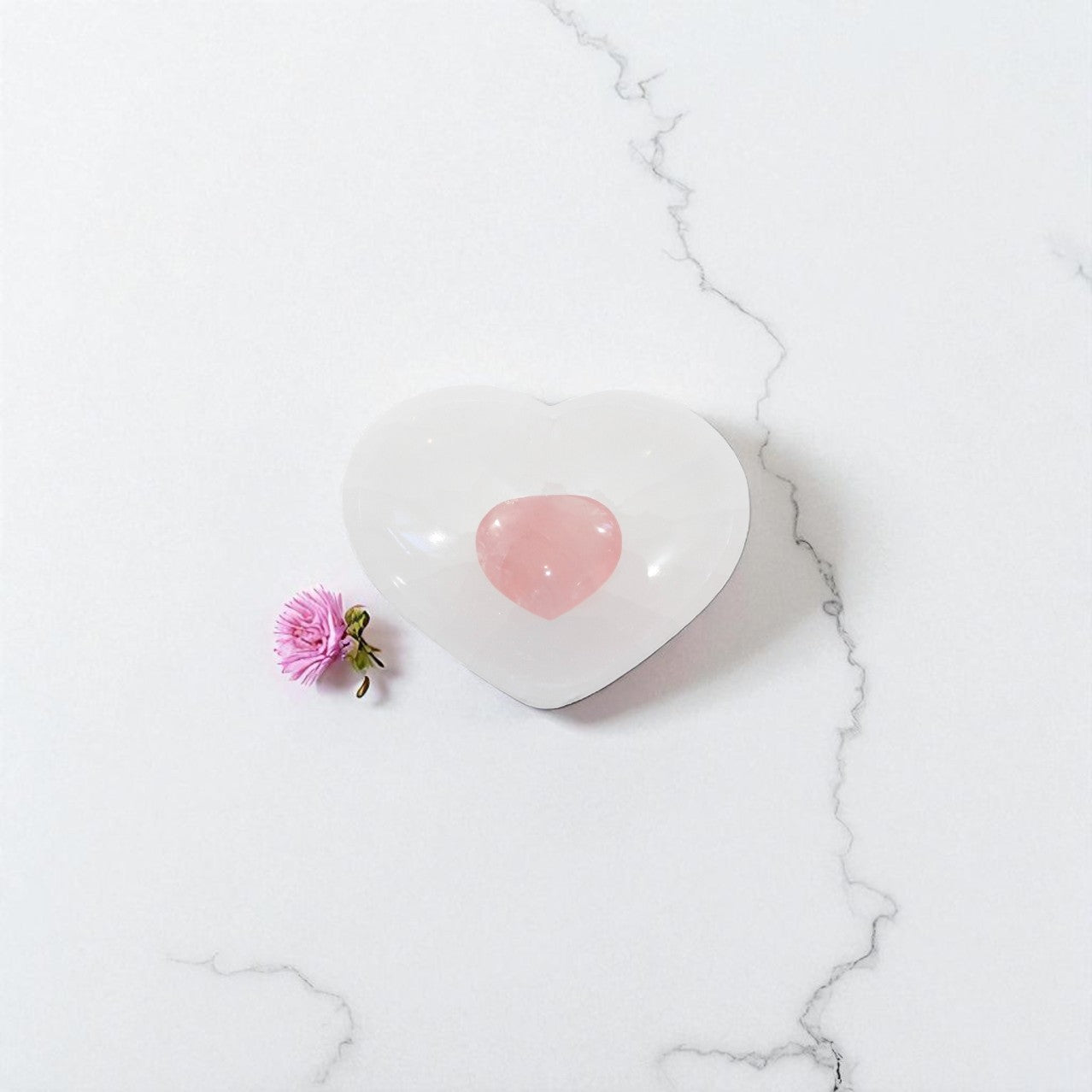  Selenite Crystal Heart Bowl matched with a Rose Quartz crystal heart mini.  Free express shipping. Shop online from ASH&STONE crystal shop Auckland NZ. AfterPay available.
