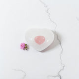  Selenite Crystal Heart Bowl matched with a Rose Quartz crystal heart mini.  Free express shipping. Shop online from ASH&STONE crystal shop Auckland NZ. AfterPay available.