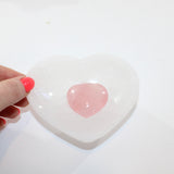  Selenite Crystal Heart Bowl matched with a Rose Quartz crystal heart mini.  Free express shipping. Shop online from ASH&STONE crystal shop Auckland NZ. AfterPay available.
