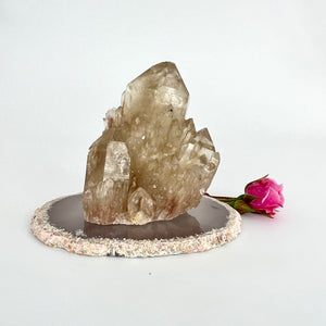 Crystal Packs NZ: Kundalini natural citrine crystal cluster on agate crystal display slice