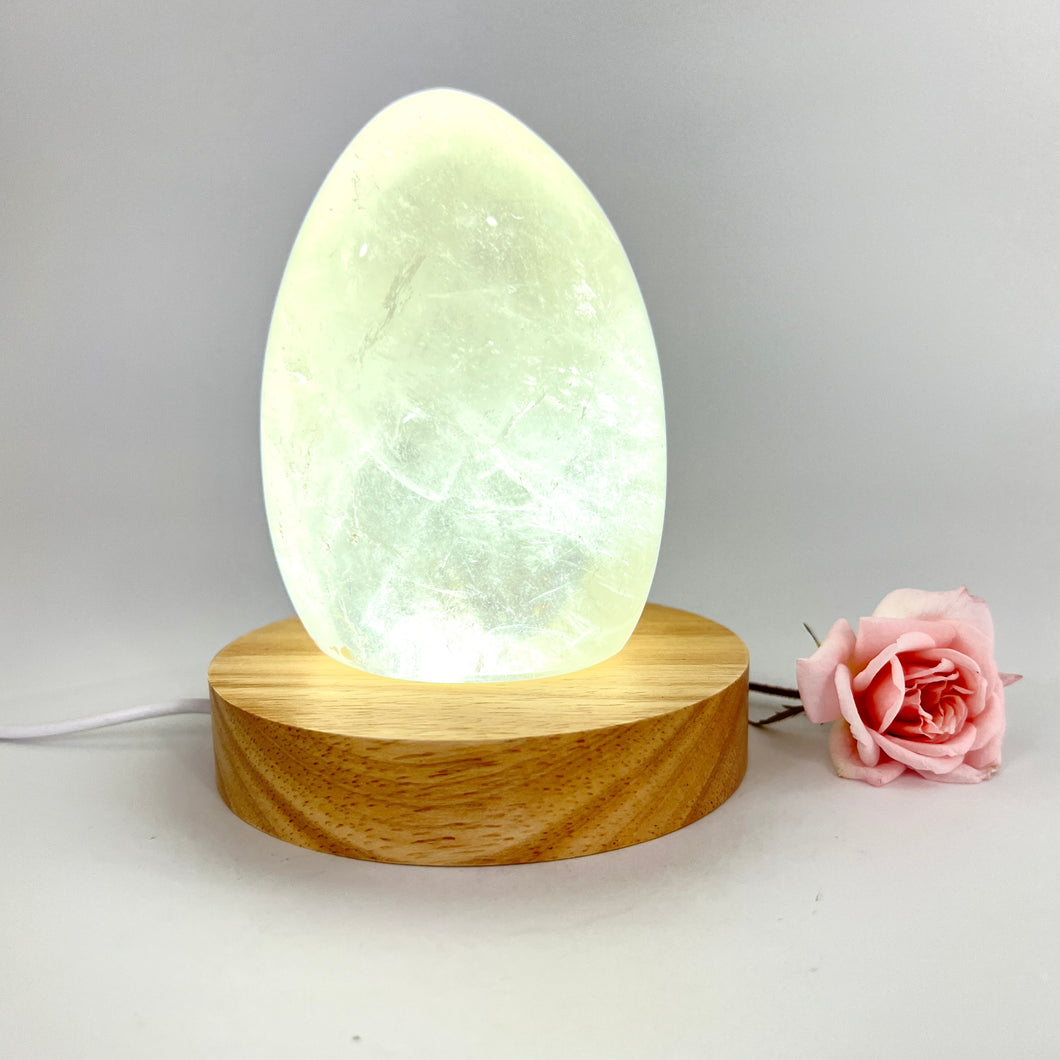 Crystal Lamps NZ: Large clear quartz polished crystal on LED lamp base