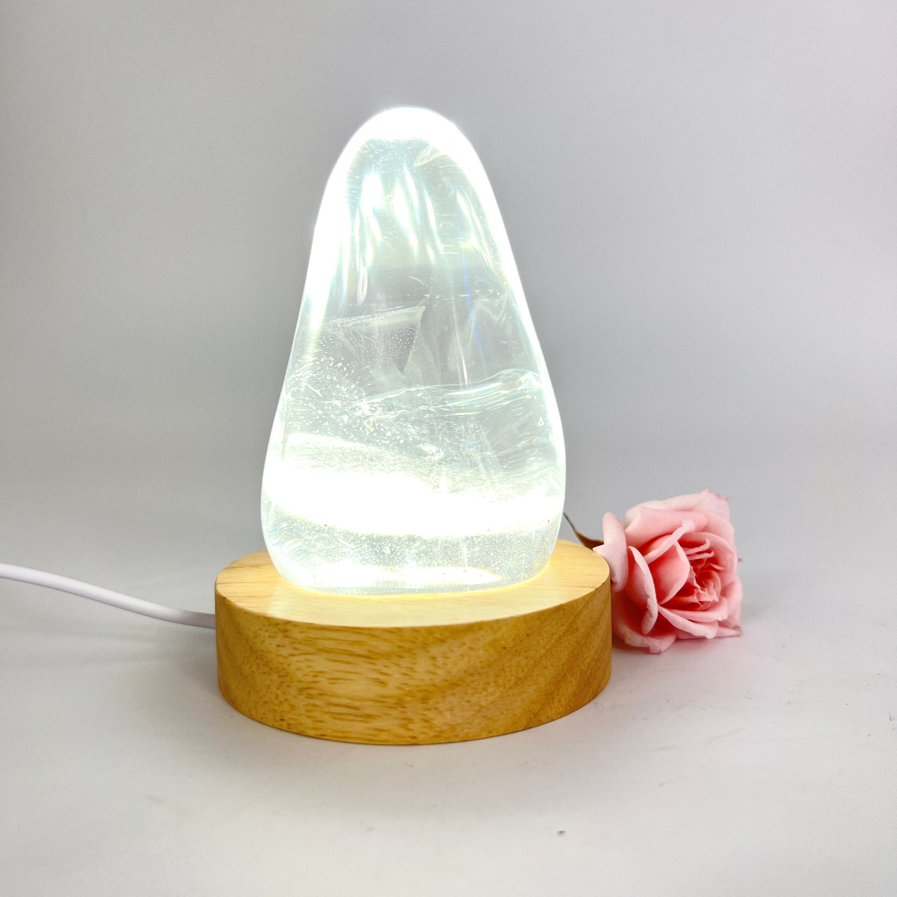 Crystal Lamps NZ: Clear quartz crystal on LED lamp base