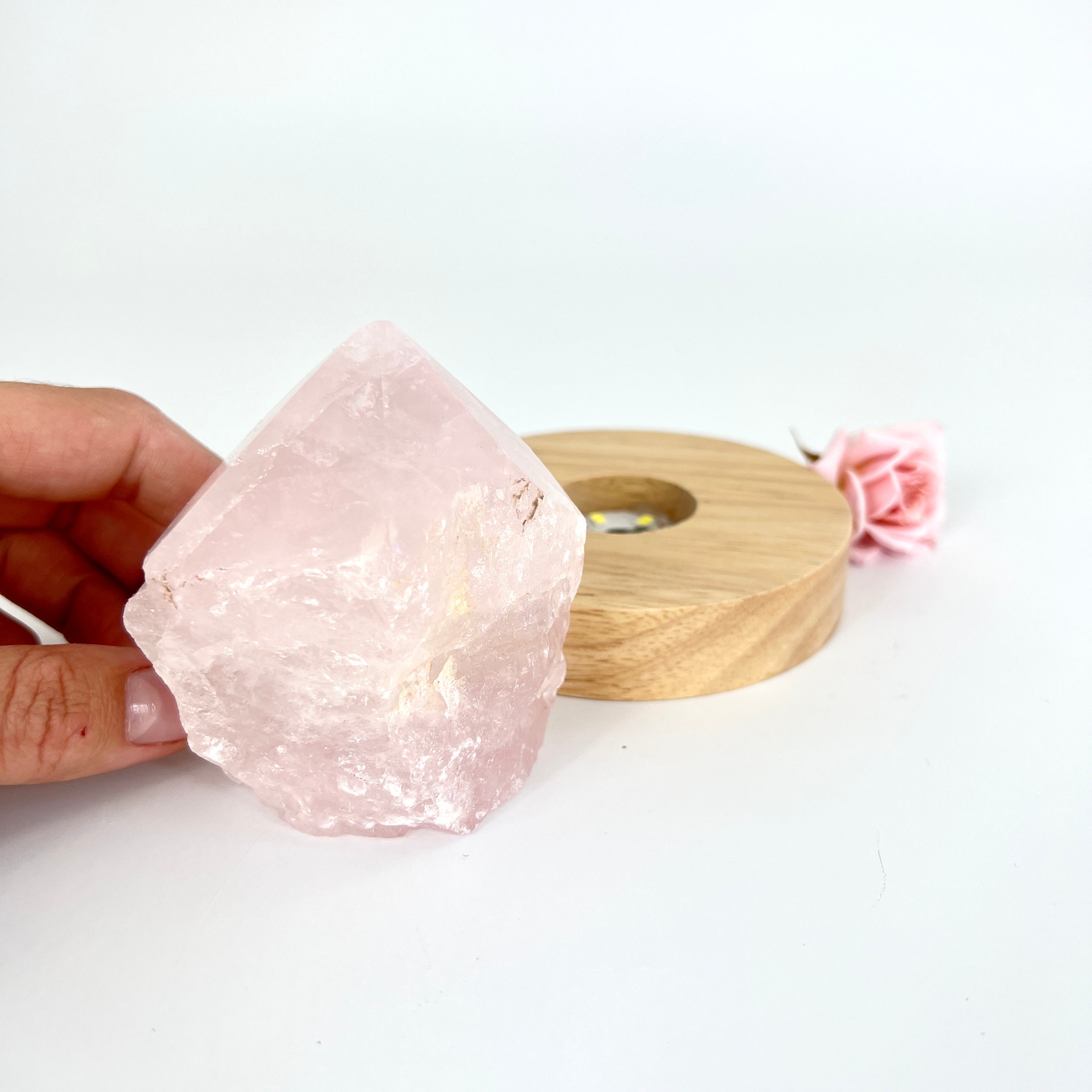 Crystal Lamps NZ: Rose quartz crystal lamp on LED wooden base