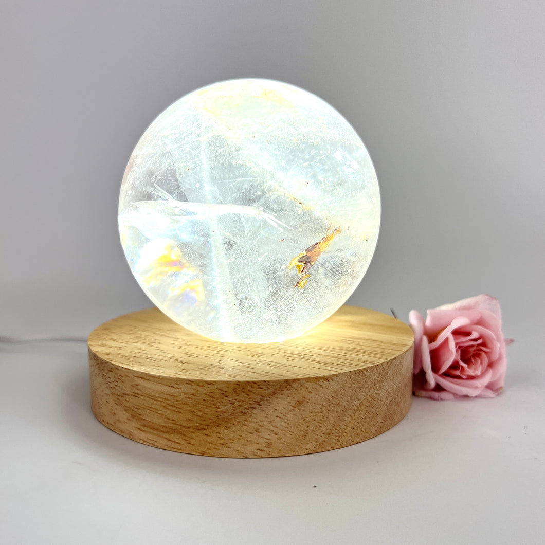 Crystal Lamps NZ: Large clear quartz crystal sphere on LED lamp base