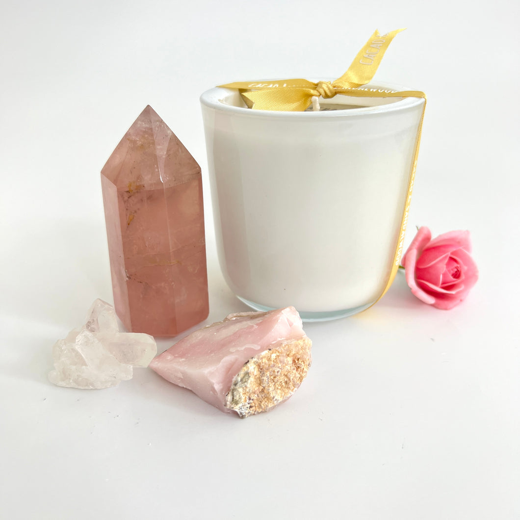 Candles Crystals NZ: Cacao & sandalwood candle & crystal pack
