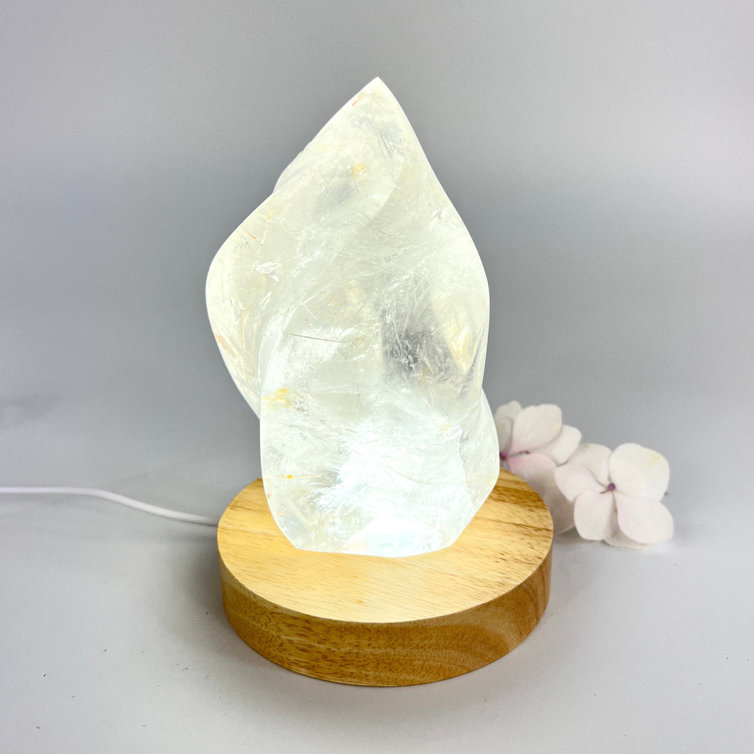Crystal Lamps NZ: Large clear quartz crystal flame on LED lamp base